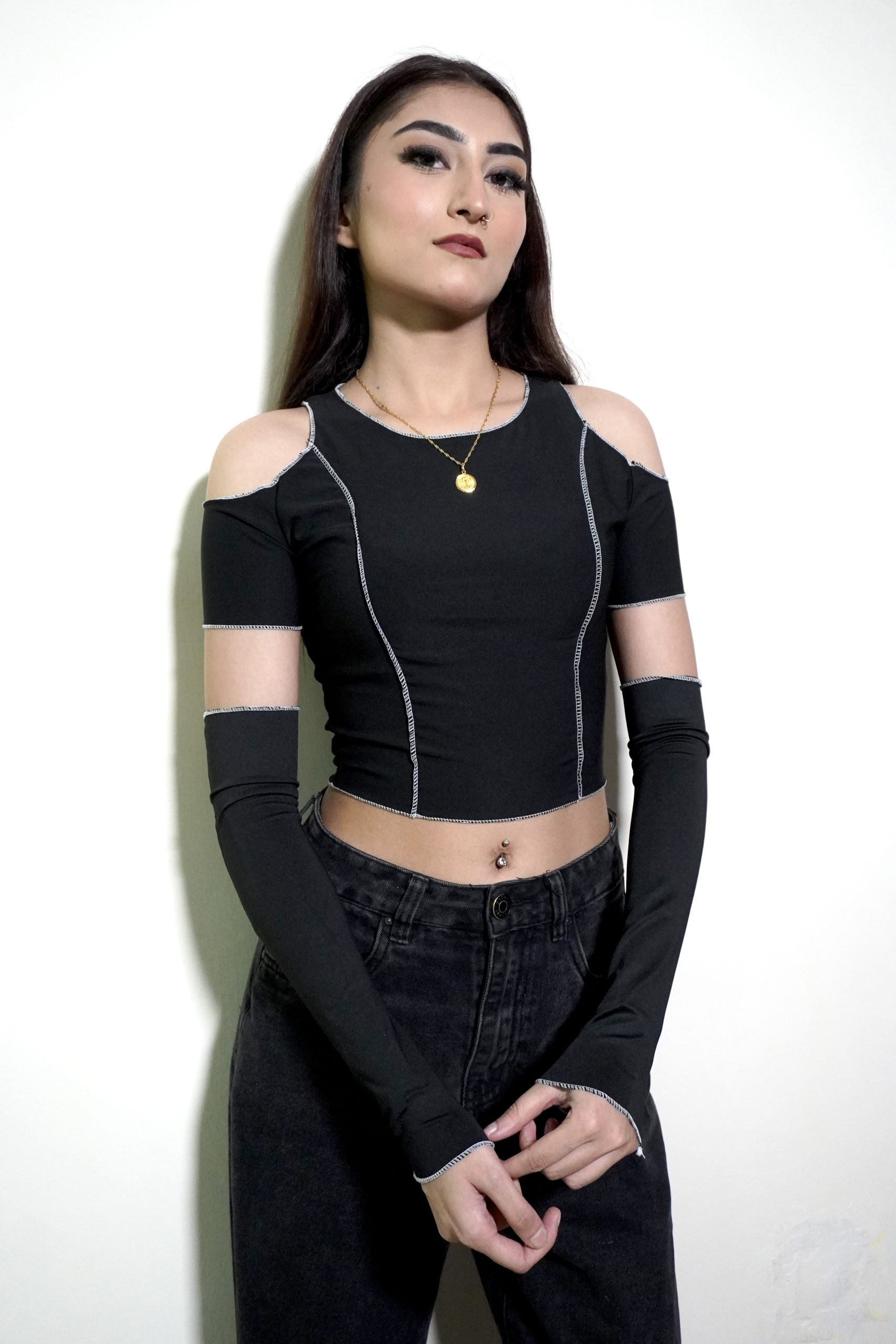 Gothic Slit Shoulders Crop Top - Image 2
