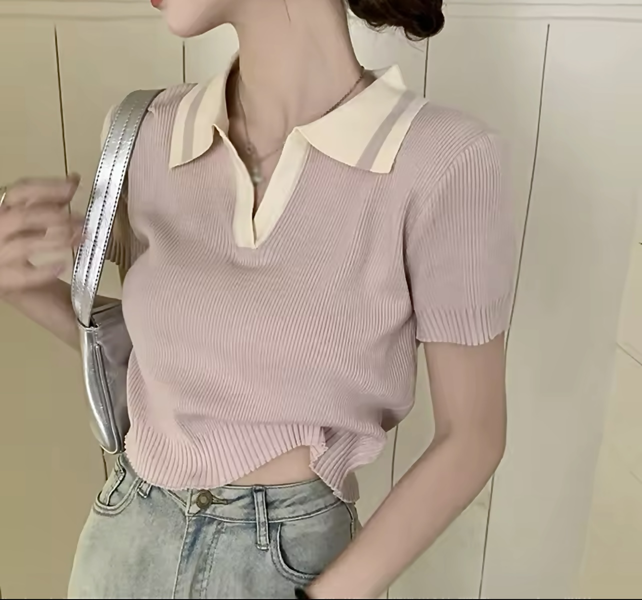 Contrast Color Turn down Collar T-Shirt - Image 6