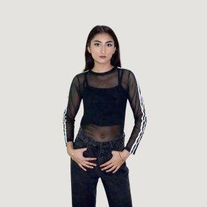 Stripped Long Sleeves Mesh Top