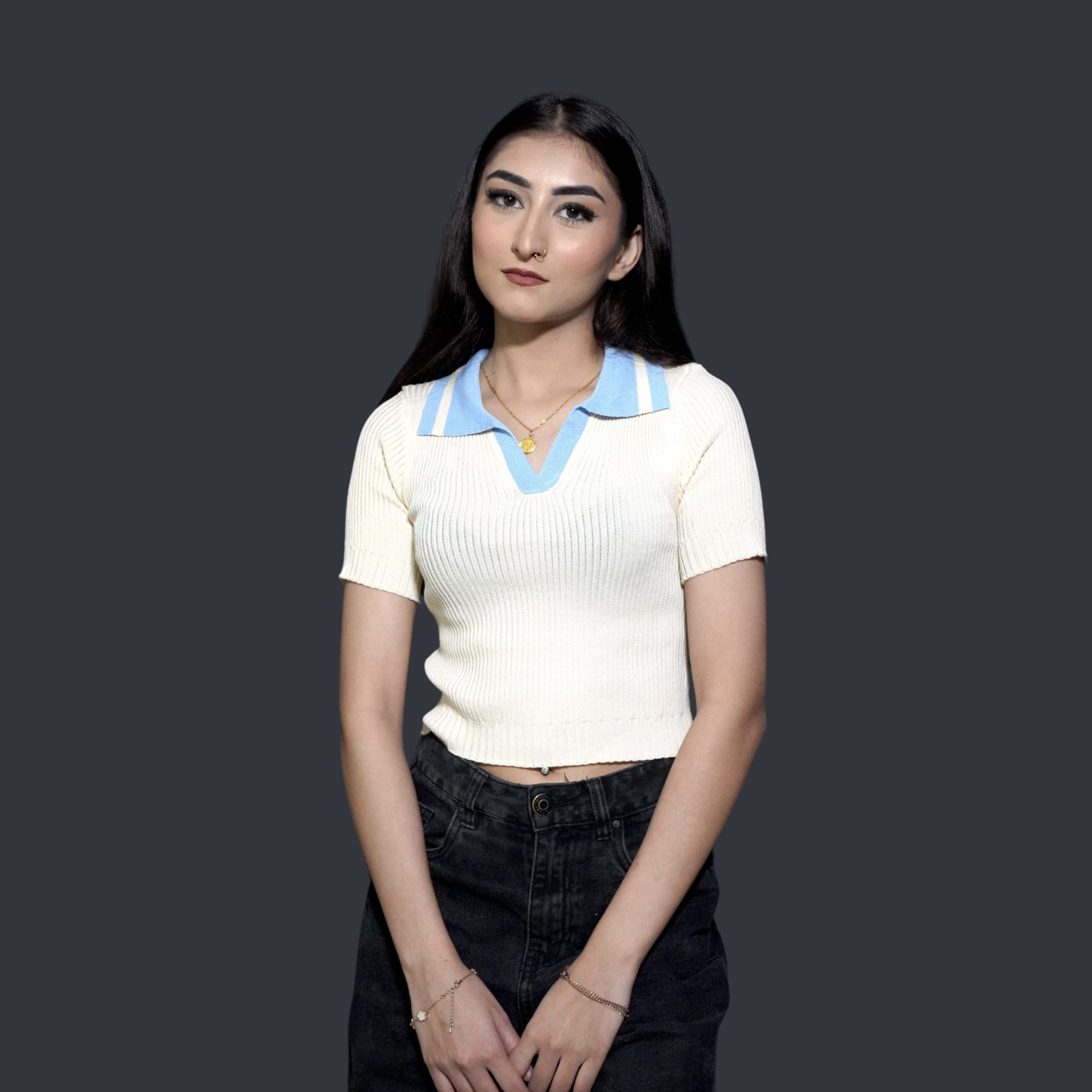 Contrast Color Turn down Collar T-Shirt